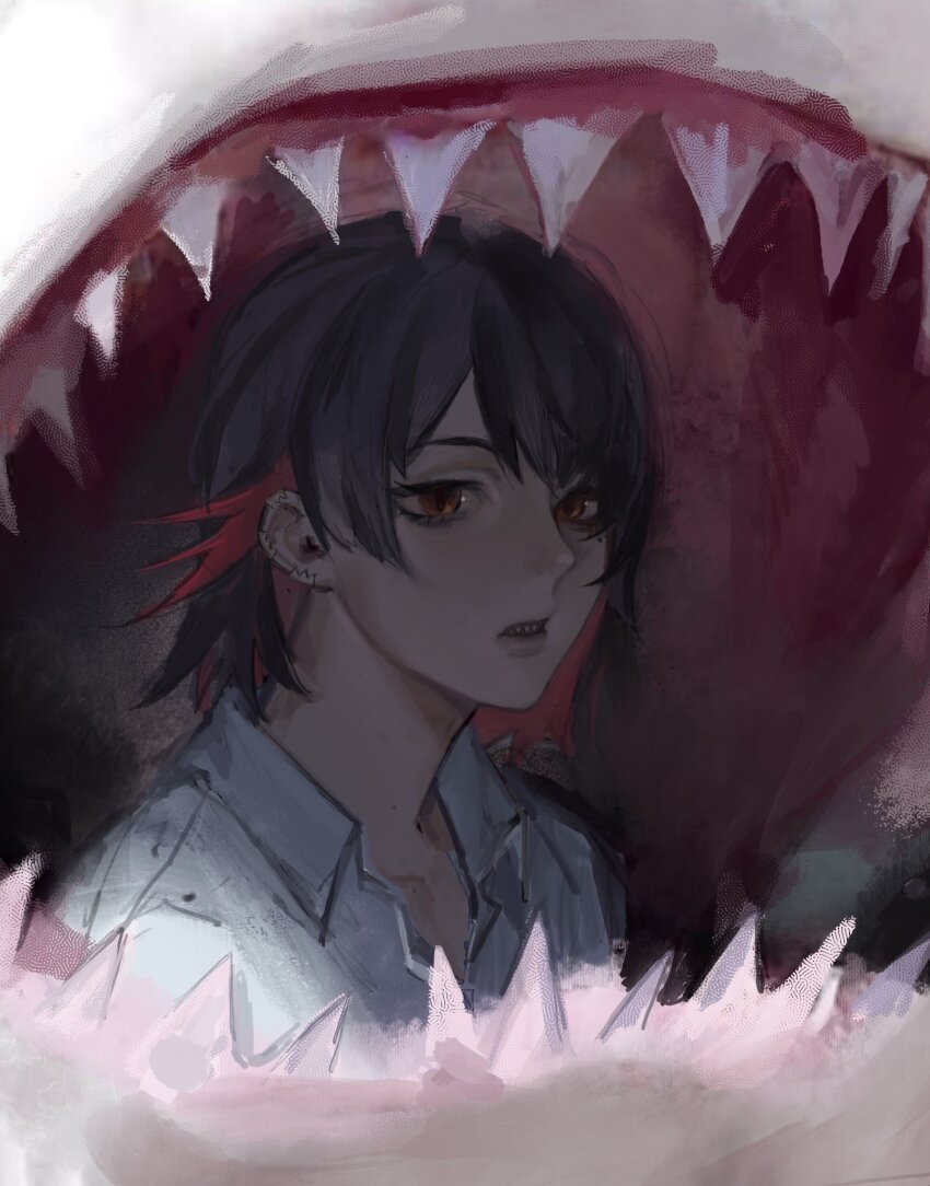 1girl black_hair collared_shirt colored_inner_hair commentary crysangria ellen_joe english_commentary highres looking_at_viewer mole mole_under_eye multicolored_hair parted_lips red_hair shark sharp_teeth shirt short_hair solo teeth two-tone_hair vore white_shirt zenless_zone_zero