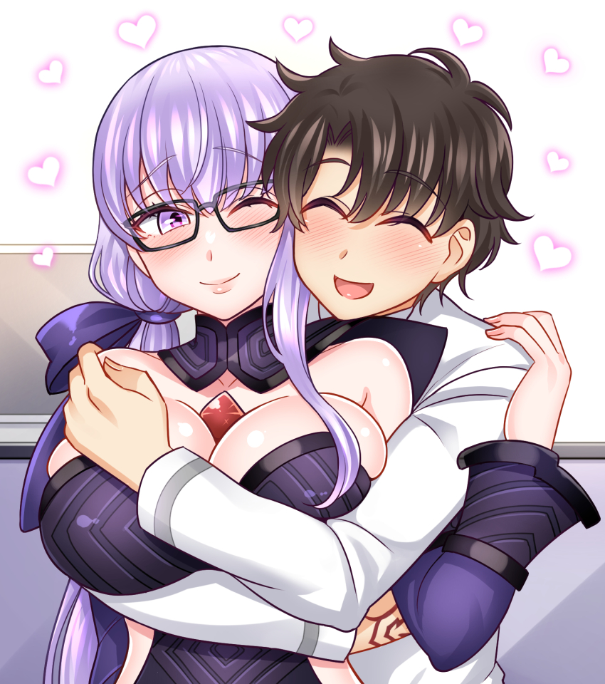 1boy 1girl bare_shoulders black_hair blush breasts chaldea_uniform cleavage closed_mouth command_spell fate/extra fate/extra_ccc fate/extra_ccc_fox_tail fate/grand_order fate_(series) fujimaru_ritsuka_(male) glasses hair_ribbon hetero highres hug hug_from_behind large_breasts long_hair one_eye_closed open_mouth purple_eyes purple_hair ribbon short_hair smile upper_body very_long_hair violet_(fate) yakisobapan_tarou_&amp;_negitoro-ko