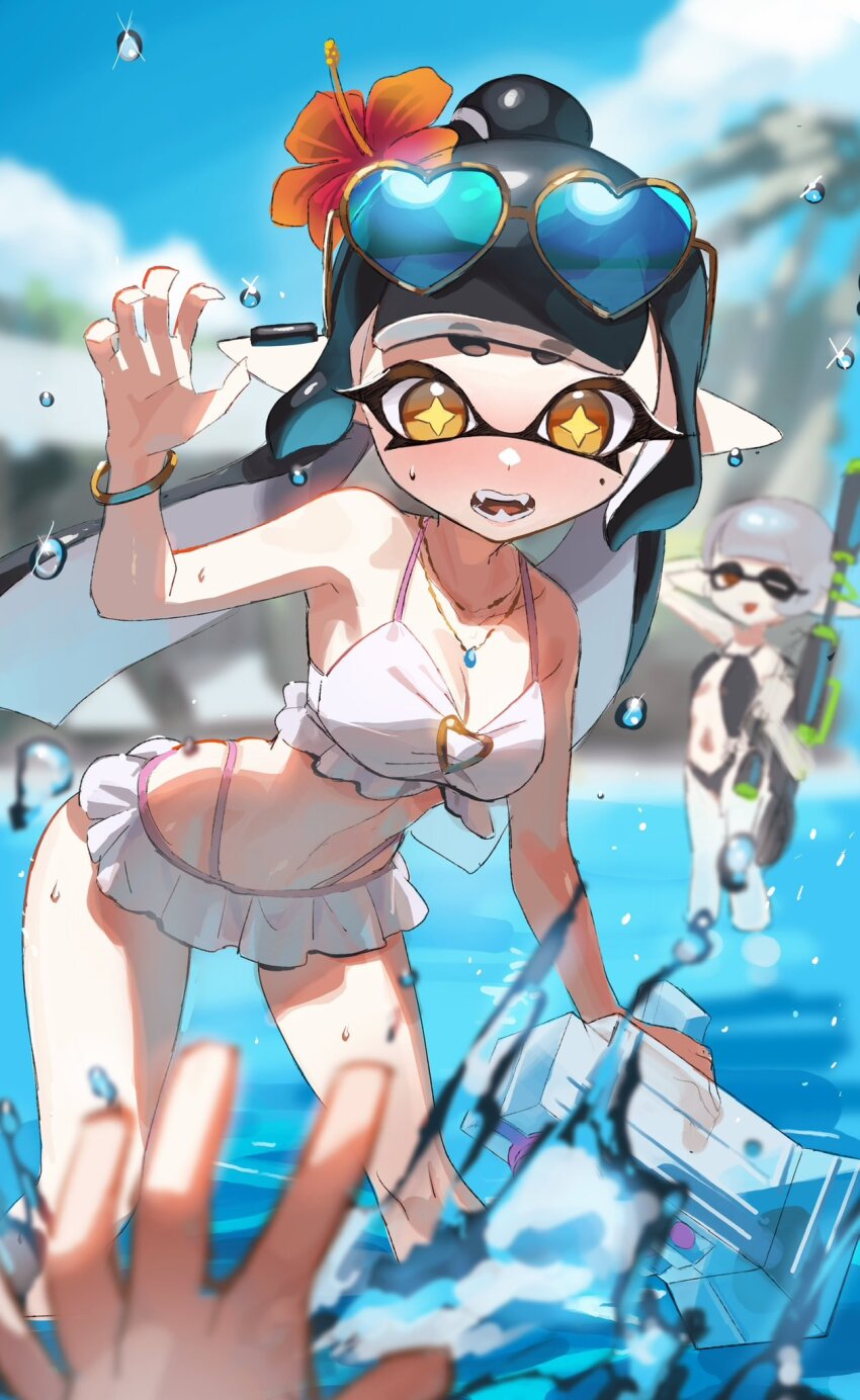 1other 2girls alternate_costume arm_behind_head arm_up bikini black_hair blunt_bangs blurry blurry_background blush bracelet breasts callie_(splatoon) claw_pose cleavage commentary_request earrings eyewear_on_head fangs flower frilled_bikini frills grey_hair hair_flower hair_ornament heart heart-shaped_eyewear hero_charger_(splatoon) highres holding holding_weapon inkling jewelry long_hair long_pointy_ears looking_at_viewer marie_(splatoon) mole mole_under_eye multiple_girls navel nintendo nomu_(29_nom) one_eye_closed open_mouth orange_eyes orange_flower pendant pointy_ears pool short_eyebrows sidelocks solo_focus splashing splatoon_(series) splatoon_3 splattershot_jr._(splatoon) star-shaped_pupils star_(symbol) stomach sunglasses sweat swimsuit symbol-shaped_pupils tentacle_hair thick_eyebrows twintails wading weapon white_bikini yellow_pupils