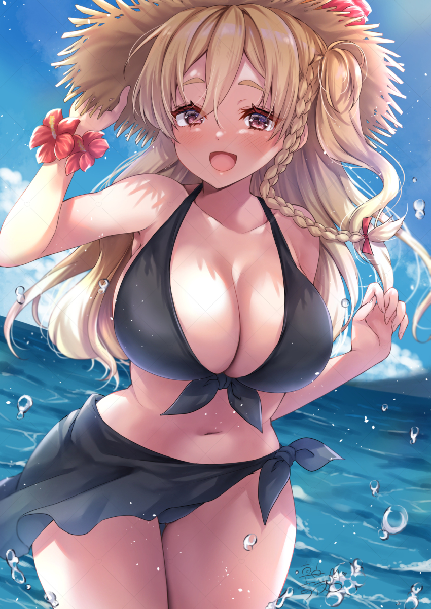 1girl bikini black_bikini blonde_hair blush braid breasts cleavage cloud day flower hair_between_eyes hair_ribbon hat hat_flower hibiscus highres kantai_collection large_breasts long_hair mashiro_yukiya ocean open_mouth outdoors red_flower red_ribbon ribbon sarong side_braid sky solo straw_hat swimsuit water water_drop zara_(kancolle)