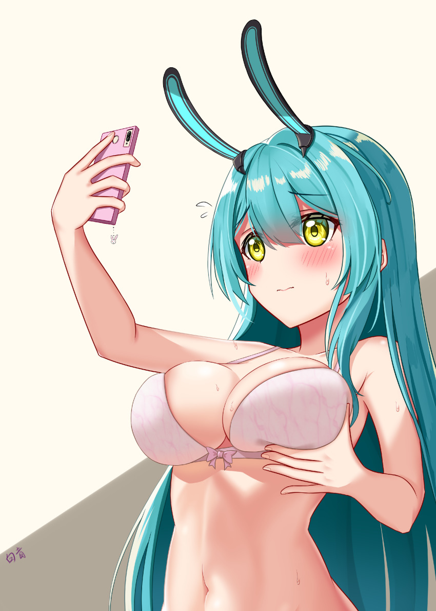 1girl absurdres animal_ears aqua_hair armpits azur_lane beige_background blush boise_(azur_lane) bow bow_bra bra breast_lift breasts cellphone cellphone_charm charm_(object) cleavage closed_mouth collarbone embarrassed fake_animal_ears flying_sweatdrops grabbing_own_breast hair_between_eyes highres holding holding_phone large_breasts long_hair looking_up navel outstretched_arm phone pink_bra rabbit_ears raised_eyebrows selfie sidelocks sif123456 signature simple_background skindentation smartphone solo sweat two-tone_background underwear underwear_only upper_body wavy_mouth yellow_eyes