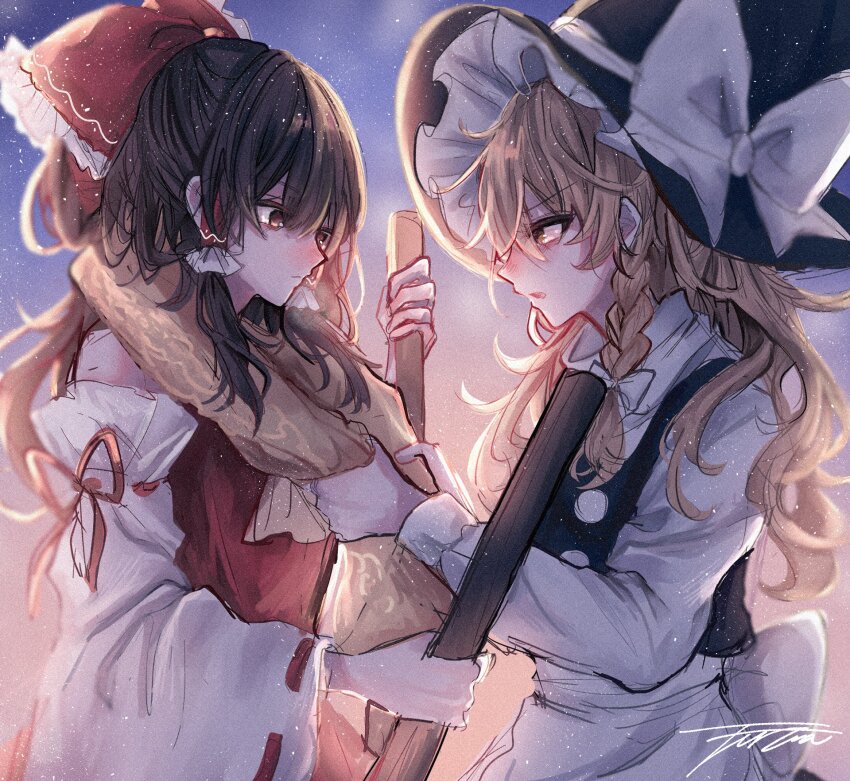 2girls adjusting_scarf annin_cha apron ascot back_bow bare_shoulders black_hair black_hat black_vest blonde_hair blush bow braid closed_mouth collared_shirt commentary detached_sleeves enpera film_grain frilled_bow frilled_hair_tubes frills from_side hair_bow hair_tubes hakurei_reimu hat hat_bow highres kirisame_marisa long_sleeves looking_at_another multiple_girls nontraditional_miko nose_blush red_bow red_eyes red_ribbon red_shirt red_skirt ribbon ribbon-trimmed_sleeves ribbon_trim scarf shirt side_braid sidelocks signature skirt skirt_set sky sleeveless sleeveless_shirt touhou upper_body vest waist_apron wavy_hair white_apron white_bow white_shirt white_sleeves witch_hat yellow_ascot yellow_eyes yellow_scarf yuri