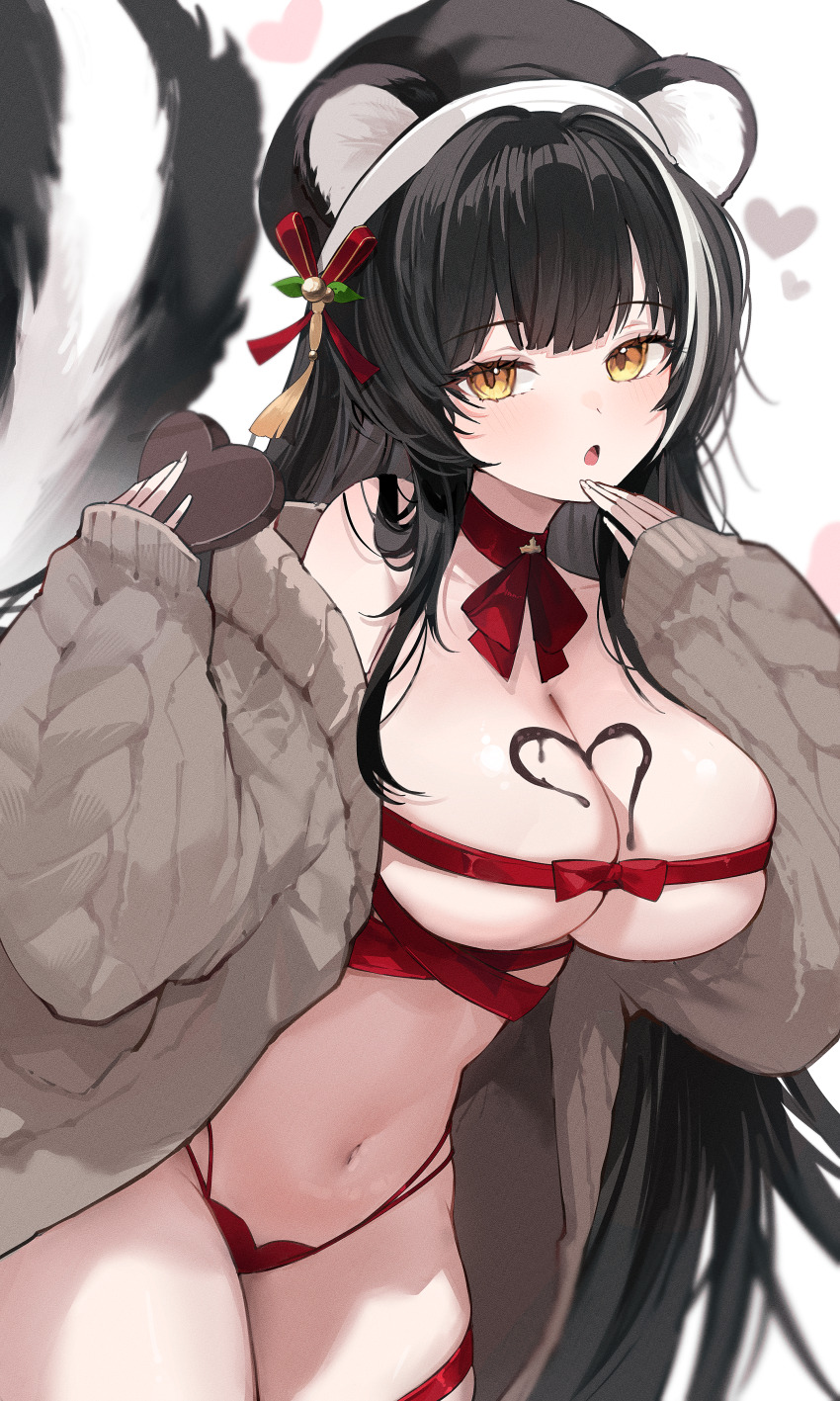 1girl absurdres animal_ears azur_lane bare_shoulders beret black_hair black_hat breasts brown_cardigan cardigan choker cleavage commission cowboy_shot gurami_(zangizarang) hands_up hat heart highres large_breasts long_hair long_sleeves looking_at_viewer multi-strapped_panties multicolored_hair naganami_(azur_lane) naganami_(heartmelting_warmth)_(azur_lane) navel off_shoulder official_alternate_costume open_mouth panties puffy_long_sleeves puffy_sleeves red_choker red_panties red_ribbon ribbon ribbon_choker skindentation solo standing stomach streaked_hair string_panties tail tail_raised thighs underwear very_long_hair yellow_eyes