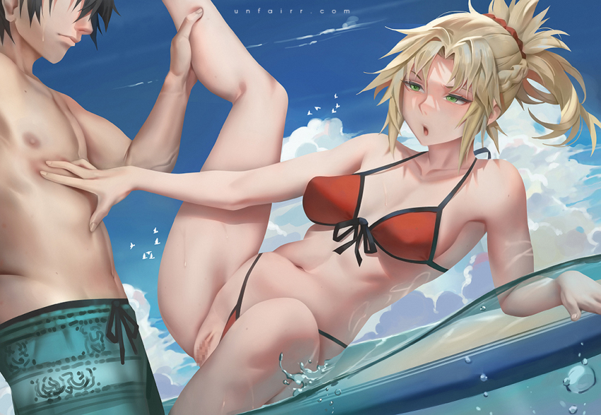 1boy 1girl bare_shoulders bikini black_hair blonde_hair blue_sky blush braid breasts censored cleavage collarbone fate/grand_order fate_(series) fujimaru_ritsuka_(male) fujimaru_ritsuka_(male)_(brilliant_summer) green_eyes green_shorts hair_ornament hair_scrunchie half_up_braid hetero large_variant_set long_hair lying medium_breasts mordred_(fate) mordred_(fate)_(all) mordred_(fate/apocrypha) mordred_(swimsuit_rider)_(fate) mordred_(swimsuit_rider)_(first_ascension)_(fate) mosaic_censoring navel ocean official_alternate_costume on_side open_mouth parted_bangs ponytail prydwen_(fate) pussy red_bikini scrunchie short_hair shorts sidelocks sky spread_legs surfboard swimsuit unfairr variant_set water