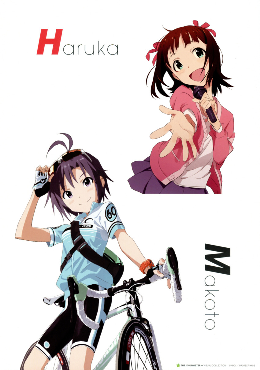 2girls ahoge amami_haruka bike_shorts brown_eyes brown_hair fingerless_gloves gloves green_eyes highres idolmaster idolmaster_(classic) jacket kikuchi_makoto matsuo_yuusuke microphone multiple_girls music nishigori_atsushi official_art purple_eyes purple_hair scan singing sining skirt smile sunglasses