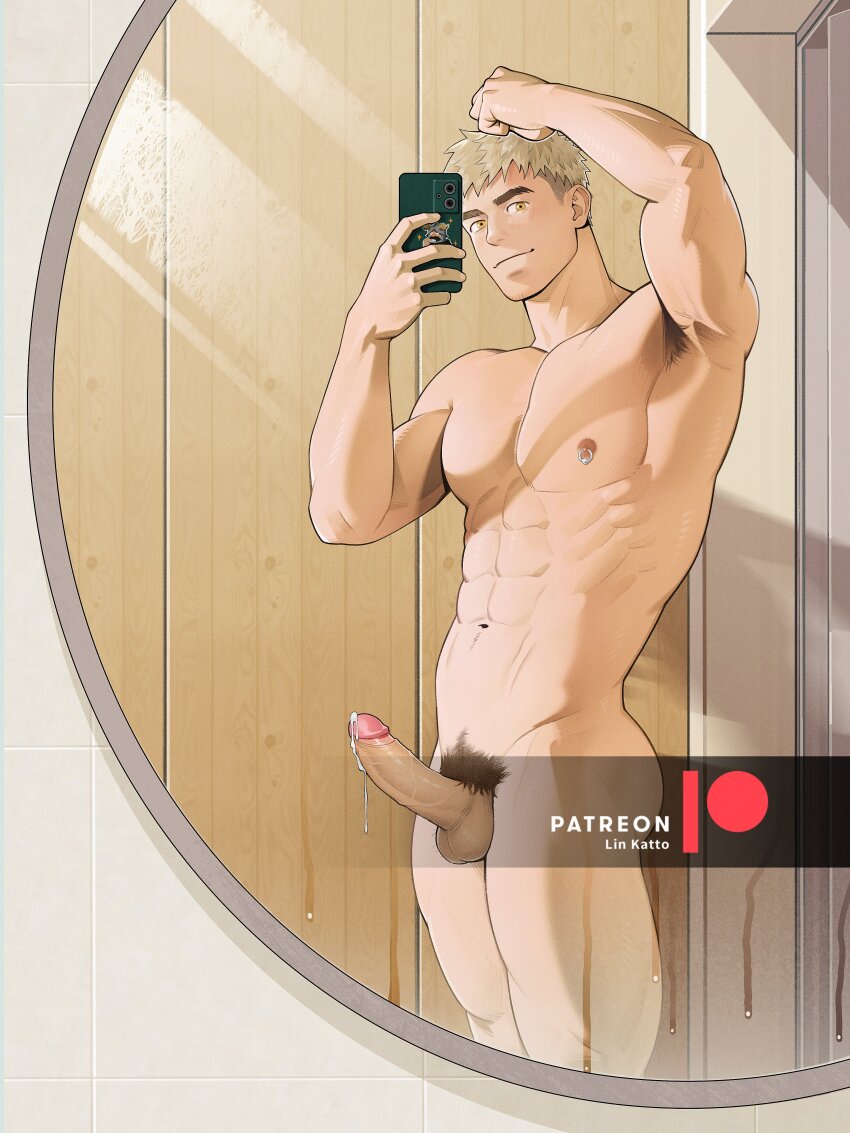 2boys abs absurdres arm_up armpit_hair armpits ass bara blonde_hair captive_bead_ring character_sticker chinese_commentary closed_mouth completely_nude condensation cum cumdrip dungeon_meshi erection feet_out_of_frame highres holding holding_phone indoors katto8452 laios_touden large_pectorals light_blush looking_at_viewer male_focus male_pubic_hair mirror_selfie multiple_boys muscular muscular_male navel nipples nude patreon_logo patreon_username pectorals penis phone piercing pubic_hair selfie senshi_(dungeon_meshi) short_hair single_nipple_piercing solo_focus standing testicles thick_eyebrows three_quarter_view uncensored window_fog yellow_eyes