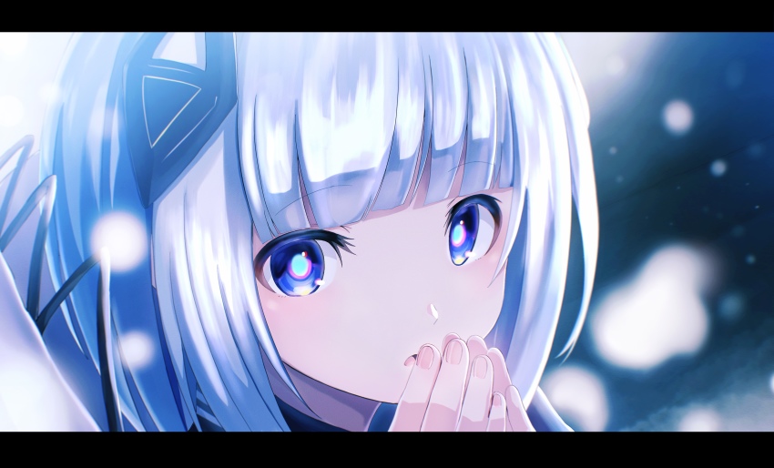 1girl absurdres bad_id bad_pixiv_id blue_eyes blue_pupils blunt_bangs blurry blurry_background blurry_foreground cevio commentary_request grey_background hair_ornament hands_up highres hood hood_down kafu_(cevio) kamitsubaki_studio letterboxed looking_at_viewer open_hands open_mouth own_hands_together portrait raised_eyebrows sidelocks solo tirudo29 white_hair