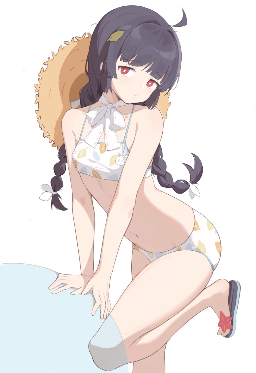 1girl absurdres ahoge bikini black_hair blue_archive bow braid bright_pupils flat_chest hair_ribbon hat hat_on_back highres ke&#039;ai_qu_qu leaf leaf_on_head leaf_print leg_up long_hair looking_at_viewer miyu_(blue_archive) miyu_(swimsuit)_(blue_archive) navel official_alternate_costume print_bikini red_eyes ribbon sandals solo standing standing_on_one_leg starfish straw_hat swimsuit thighs twin_braids white_bikini white_bow white_pupils