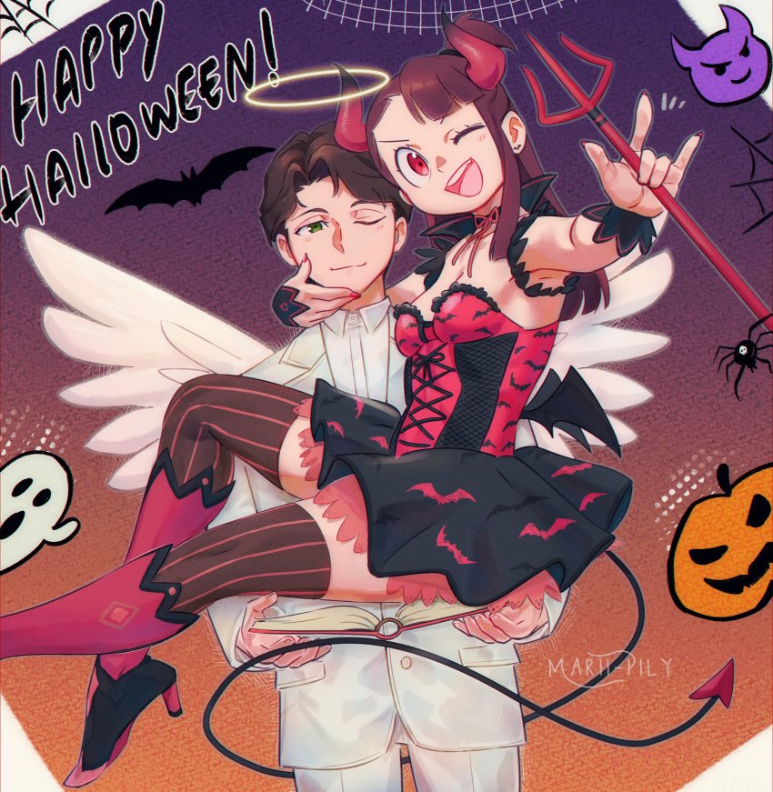 1boy 1girl absurdres andrew_hanbridge boots breasts brown_hair couple english_text halloween high_heel_boots high_heels highres horns kagari_atsuko little_witch_academia long_hair marii_pily one_eye_closed striped_clothes striped_thighhighs tail thighhighs vertical-striped_clothes vertical-striped_thighhighs wings wink