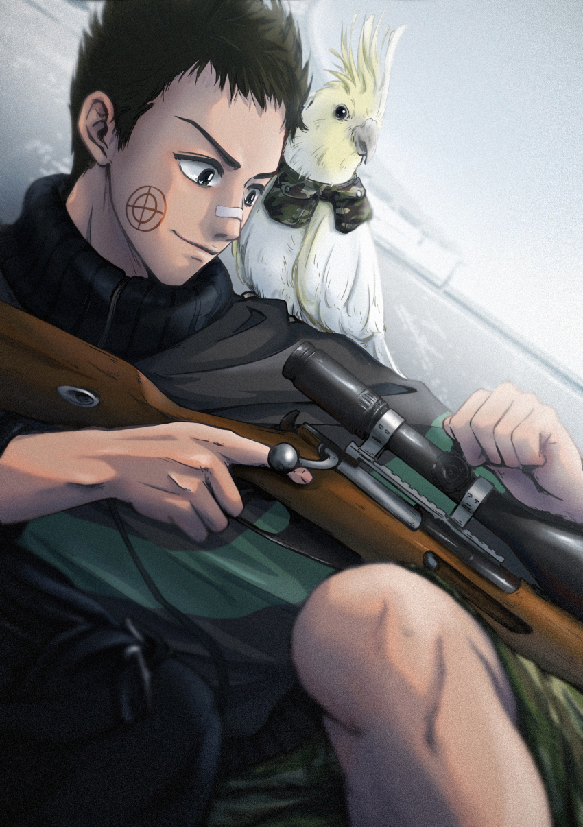 1boy absurdres amao_(catartemis) bandaid bandaid_on_face bandaid_on_nose bird black_hair camouflage camouflage_shorts cockatiel crosshair day facial_mark gun highres holding holding_gun holding_weapon jacket male_focus mashimo_heisuke outdoors pisuke_(sakamoto_days) sakamoto_days shorts scope weapon white_background