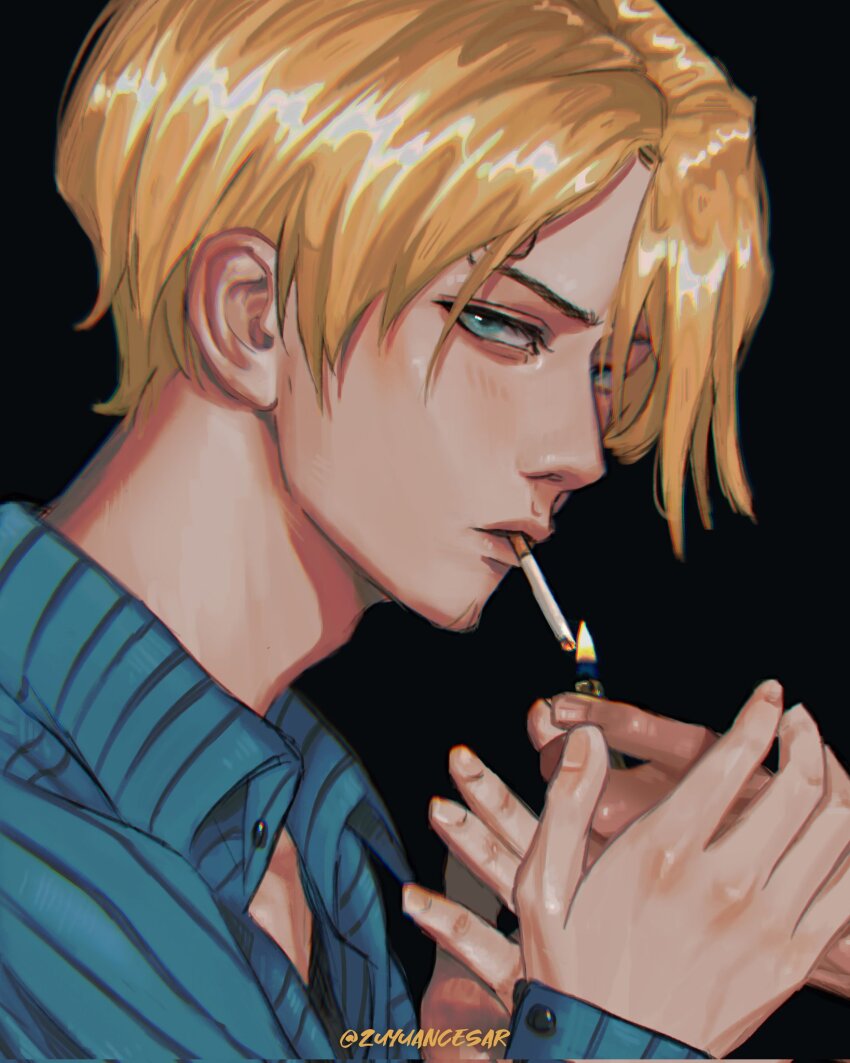 1boy artist_name black_background blue_eyes blue_shirt cigarette commentary commentary_request curly_eyebrows english_commentary facial_hair french_commentary highres long_sleeves looking_at_viewer male_focus mixed-language_commentary mouth_hold one_piece sanji_(one_piece) shirt short_hair simple_background smoke solo zu_yuan_cesar