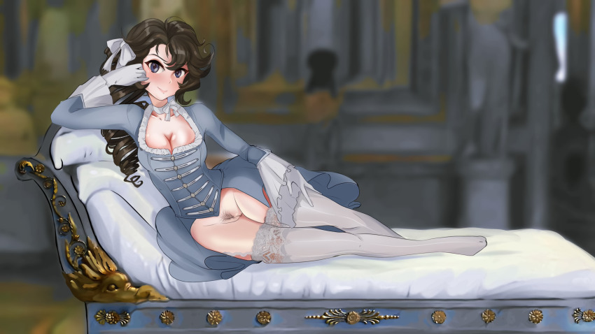 1girl blue_eyes blush breasts brown_hair brown_pubic_hair cleavage cleft_of_venus couch curly_hair female_focus female_pubic_hair gloves highres large_breasts long_hair looking_at_viewer no_panties pauline_bonaparte pose_imitation pubic_hair pussy banner_of_the_maid smile solo thesquiddycipher thighhighs uncensored white_gloves white_thighhighs wide_hips