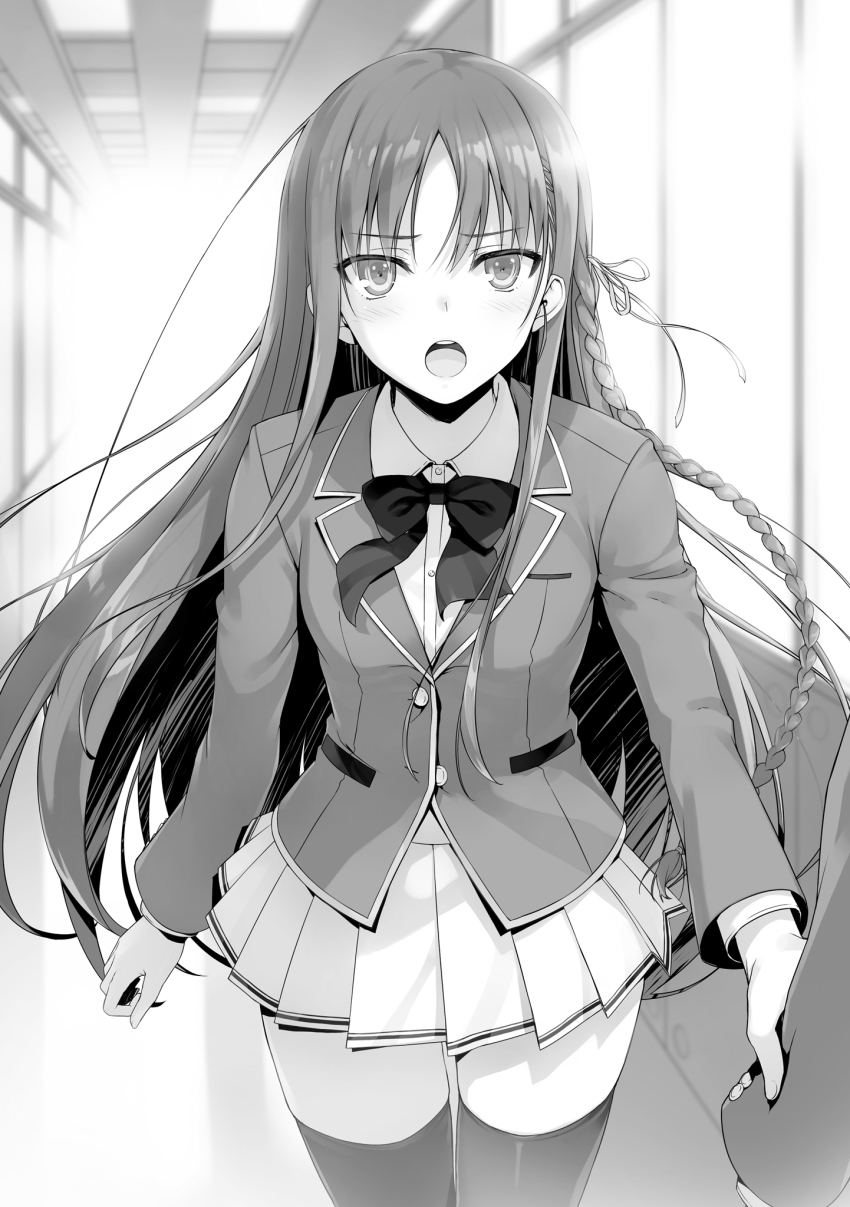 1boy 1girl :o black_thighhighs blazer blush bow bowtie braid clothes_grab cowboy_shot dress_shirt floating_hair greyscale hair_between_eyes hair_ribbon highres horikita_suzune indoors jacket long_hair long_sleeves looking_at_viewer miniskirt monochrome novel_illustration official_art open_mouth pleated_skirt ribbon school school_uniform shirt single_braid skirt sleeve_grab sleeve_pull teeth thighhighs tomose_shunsaku very_long_hair youkoso_jitsuryoku_shijou_shugi_no_kyoushitsu_e zettai_ryouiki