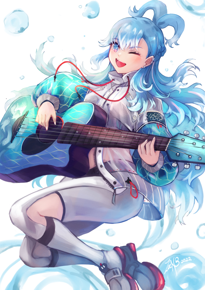 1girl 2022 absurdres acoustic_guitar blue_eyes blue_hair cropped_hoodie ear_piercing earrings guitar highres hololive hololive_indonesia hood hoodie instrument jacket jewelry kobo_kanaeru midriff multicolored_eyes multicolored_hair music one_eye_closed open_mouth piercing pink_eyes playing_instrument see-through_clothes see-through_jacket signature smile solo virtual_youtuber water_drop zee_n3