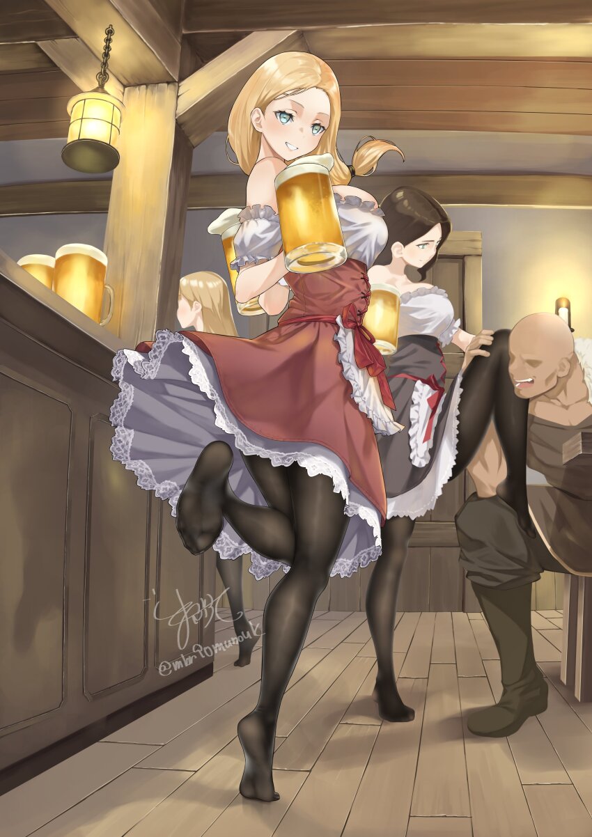 1boy 3girls absurdres apron bare_shoulders barmaid beer_mug black_pantyhose blonde_hair blue_eyes boots breasts brown_hair counter cup detached_sleeves dress faceless faceless_male feet foot_on_another&#039;s_thigh frills hashtag-only_commentary highres holding holding_cup indoors kneepits lamp large_breasts long_hair looking_at_viewer low_ponytail maburoku mug multiple_girls no_shoes original pantyhose puffy_short_sleeves puffy_sleeves short_sleeves signature smile soles standing standing_on_one_leg strapless strapless_dress tavern tiptoes toe_seam toes twitter_username waist_apron wooden_beam wooden_floor