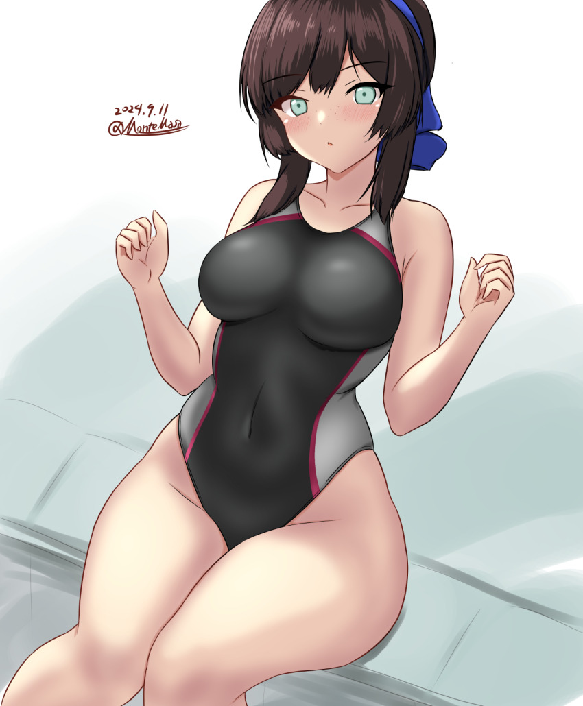 1girl alternate_costume black_hair black_one-piece_swimsuit blue_hairband breasts competition_swimsuit dated feet_out_of_frame freckles green_eyes hairband highleg highleg_one-piece_swimsuit highres kantai_collection long_hair medium_breasts mogador_(kancolle) montemasa multicolored_clothes multicolored_swimsuit one-hour_drawing_challenge one-piece_swimsuit sidelocks sitting solo swimsuit twitter_username w_arms wide_hips