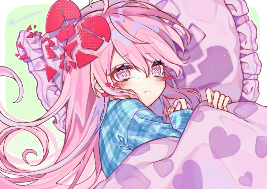 1girl ahoge aqua_shirt broken_heart commentary crying crying_with_eyes_open green_background hata_no_kokoro heart heart_print kyouda_suzuka long_hair lying nail_polish on_side pillow pink_eyes pink_hair pink_nails plaid_clothes plaid_shirt shirt solo tears touhou under_covers upper_body x_x