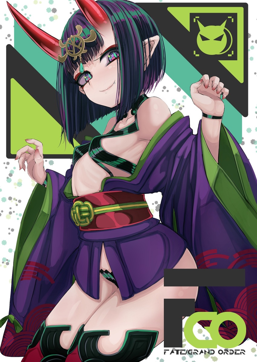 1girl b.d bare_shoulders breasts eyeliner fate/grand_order fate_(series) headpiece highres horns japanese_clothes kimono long_sleeves looking_at_viewer makeup obi off_shoulder oni purple_eyes purple_hair purple_kimono revealing_clothes sash short_hair short_kimono shuten_douji_(fate) skin-covered_horns small_breasts smile solo wide_sleeves