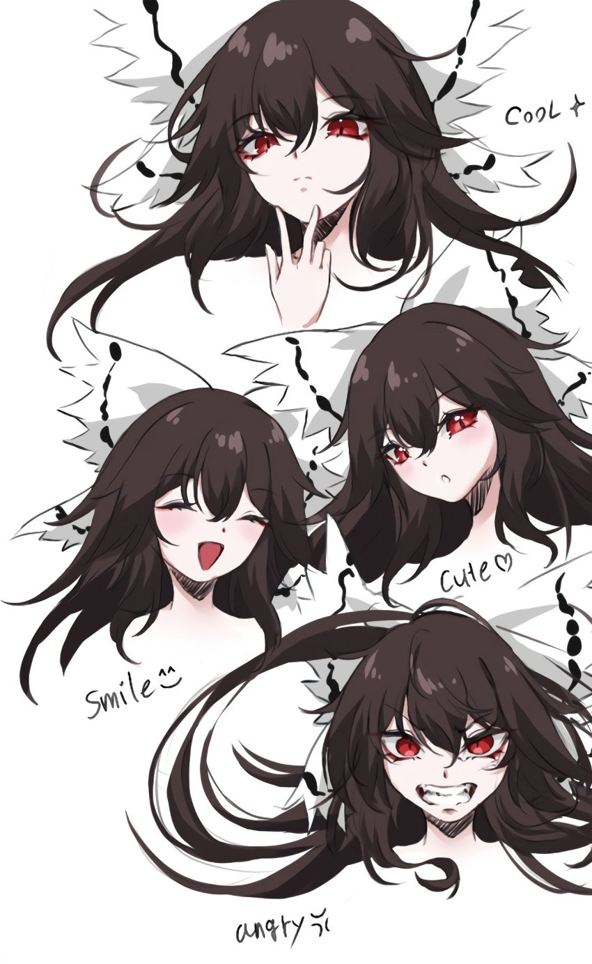 1girl 4_shika bags_under_eyes black_hair blush bow closed_eyes cropped_shoulders expressions hair_between_eyes highres long_hair multiple_views open_mouth red_eyes reiuji_utsuho touhou