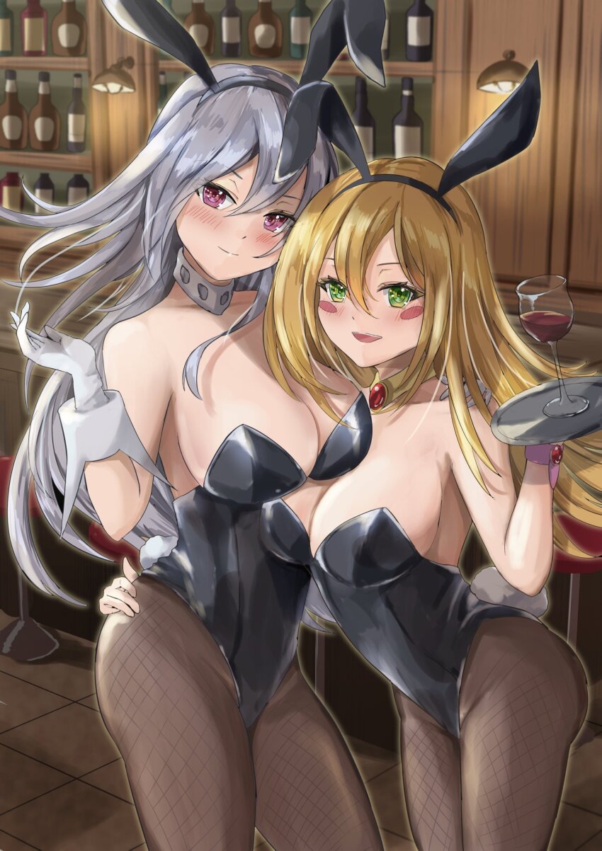 2girls animal_ears arm_around_waist bar_(place) black_leotard black_pantyhose blonde_hair breasts cup dark_magician_girl drinking_glass duel_monster fake_animal_ears gloves green_eyes grey_hair highres holding holding_tray leotard long_hair looking_at_viewer misakura_aoi multiple_girls open_mouth pantyhose playboy_bunny purple_eyes rabbit_ears silent_magician smile tray white_gloves wine_glass yu-gi-oh!