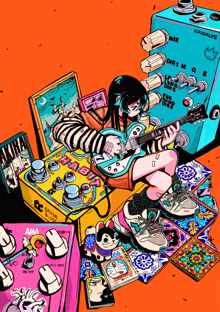 1girl akira_(manga) bandaid bandaid_on_leg black_hair black_socks colorful copyright_request crisalys crossed_legs doraemon effects_pedal full_body guitar hair_between_eyes highres instrument long_hair orange_background orange_shirt orange_shorts original oversized_object profile shirt shoes shorts sitting socks solo striped_sleeves tile_floor tiles white_footwear