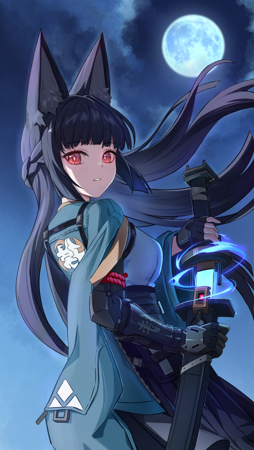 1girl absurdres animal_ears aqua_jacket bad_id bad_pixiv_id black_gloves black_hair black_skirt breasts commentary drawing_sword fingerless_gloves fox_ears fox_girl from_behind full_moon gloves half_updo heeyan highres holding holding_sword holding_weapon hoshimi_miyabi jacket jacket_on_shoulders katana large_breasts long_hair looking_at_viewer medium_breasts moon parted_lips prosthesis prosthetic_arm red_eyes scabbard sheath shirt single_fingerless_glove skirt solo sword unsheathing very_long_hair weapon white_shirt zenless_zone_zero