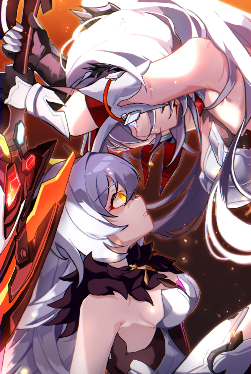 2girls absurdres armor armored_dress bare_shoulders blue_eyes breasts commentary_request dduehddueh dress fiery_background fire gem gloves hair_ornament highres holding holding_sword holding_weapon honkai_(series) honkai_impact_3rd kiana_kaslana kiana_kaslana_(herrscher_of_flamescion) kiana_kaslana_(herrscher_of_the_void) korean_commentary long_hair looking_at_another looking_down looking_up multiple_girls orange_eyes red_gemstone sword very_long_hair weapon white_gloves white_hair