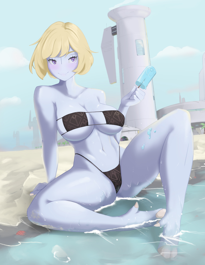 1girl absurdres alien bare_shoulders beach bikini black_bikini blonde_hair blue_skin blush breasts cleavage colored_skin commentary english_commentary eyepatch_bikini fewer_digits food full_body highleg highleg_bikini highres hooves large_breasts linea_alba navel no_nose ocean pinup_(style) popsicle purple_eyes revision robot_jones_(artist) short_hair sitting smile soaking_feet solo spaghetti_strap spread_legs swimsuit t&#039;au tower underboob warhammer_40k water wet white_nails