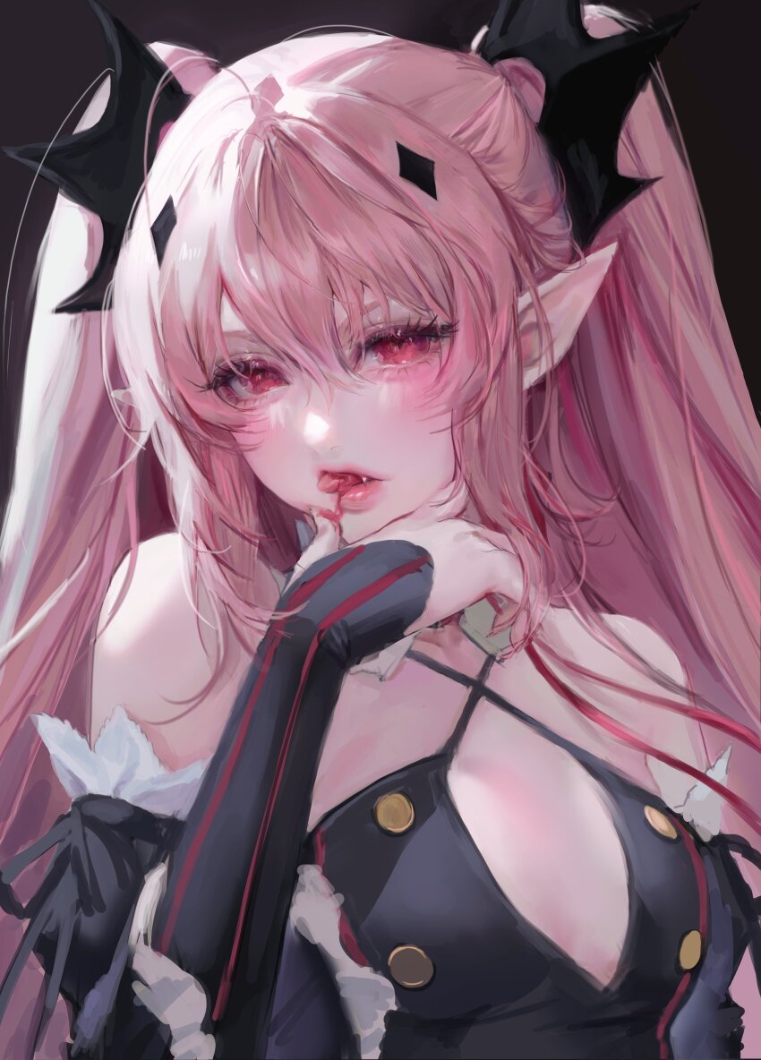 1girl absurdres ahoge bare_shoulders blood blush eyelashes fangs hair_ornament highres krul_tepes licking licking_finger lips long_hair looking_at_viewer owari_no_seraph pink_hair pointy_ears red_eyes simple_background sketch solo tongue tongue_out twintails uuzxw vampire