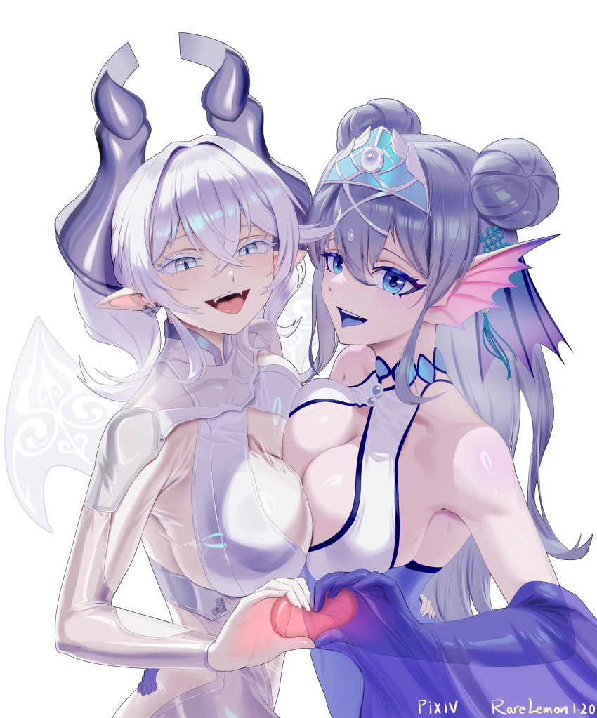 2girls absurdres alternate_costume bare_shoulders between_breasts blue_eyes blue_tongue breast_press breasts cleavage cleavage_cutout clothing_cutout colored_tongue commentary_request demon_girl double_bun drill_hair duel_monster fangs grey_hair hair_bun heart heart_hands highres kitkallos_(yu-gi-oh!) large_breasts long_hair lovely_labrynth_of_the_silver_castle multiple_girls rare_lemon revealing_clothes simple_background symmetrical_docking tearlaments_kitkallos tongue tongue_out twin_drills upper_body white_background yu-gi-oh! yuri