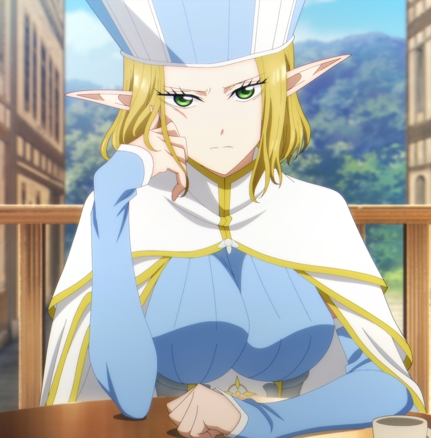 1girl anime_screenshot blonde_hair blue_dress breasts cape dress elf green_eyes hat head_rest highres isekai_shikkaku large_breasts long_sleeves looking_at_viewer pointy_ears sidelocks stitched table third-party_edit white_cape ysha_(isekai_shikkaku)