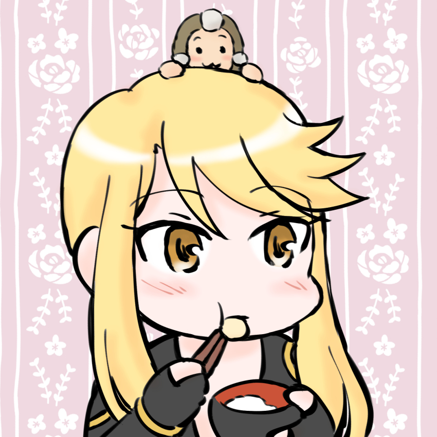 1girl :t animal animal_on_head black_bodysuit blonde_hair blush bodysuit bowl chibi chibi_only chopsticks eating fingerless_gloves gloves highres holding holding_bowl holding_chopsticks kasuga_(sengoku_basara) looking_ahead monkey on_head orange_eyes pink_background plunging_neckline portrait saran_chiba sengoku_basara short_hair_with_long_locks solo yumekichi