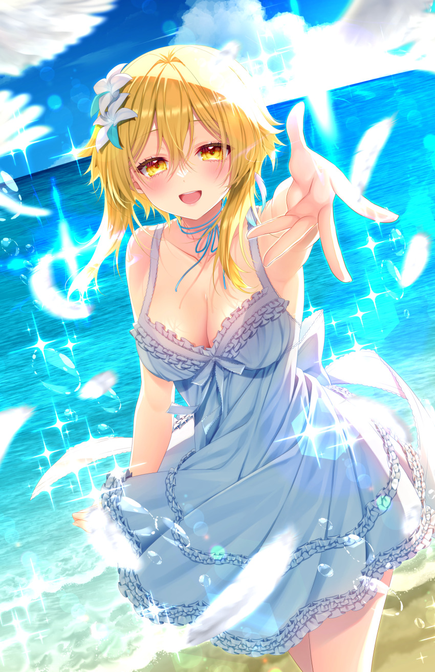 1girl :d absurdres adapted_costume bare_shoulders beach blonde_hair blue_sky blush breasts cleavage cloud collarbone commentary_request cowboy_shot day dress flower genshin_impact hair_between_eyes hair_flower hair_ornament highres looking_at_viewer lumine_(genshin_impact) medium_breasts minatsuki_alumi open_mouth outdoors outstretched_arm short_hair_with_long_locks sky smile sparkle teeth upper_teeth_only water white_dress white_flower yellow_eyes