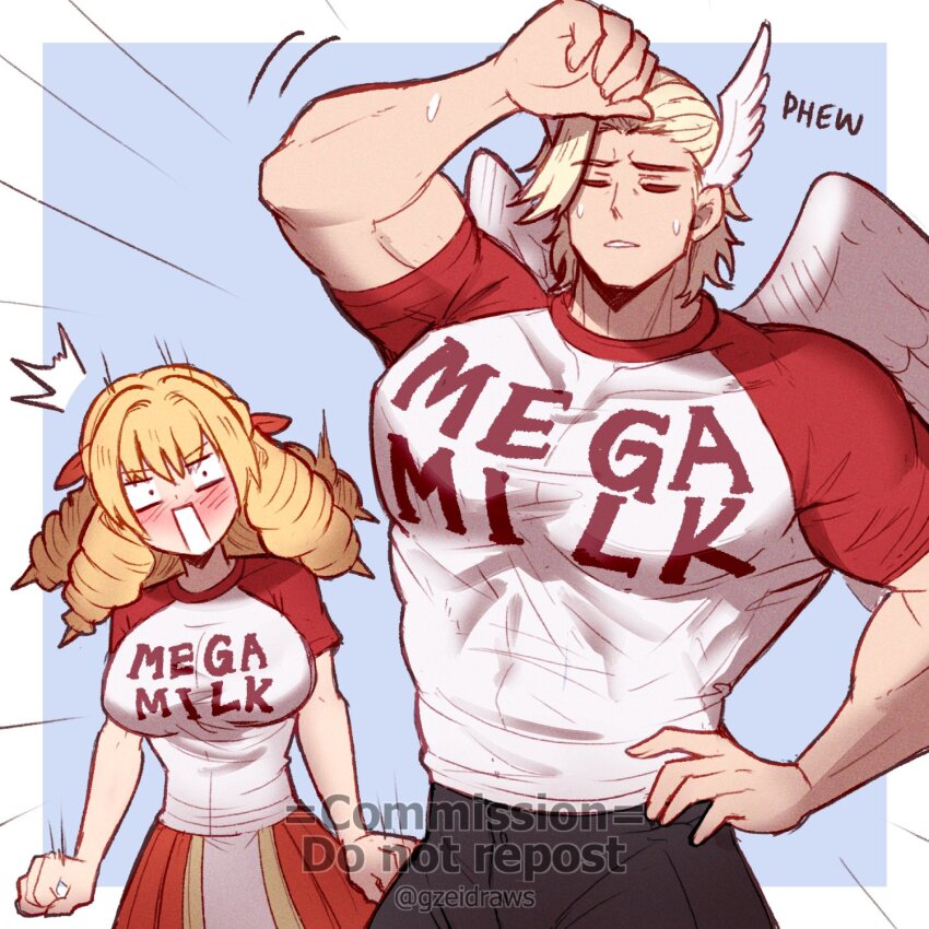 1boy 1girl blonde_hair clothes_writing commission drill_hair fodoquia_(unicorn_overlord) gzei head_wings highres muscular puffy_short_sleeves puffy_sleeves scarlett_(unicorn_overlord) short_sleeves speech_bubble surprised unicorn_overlord vgen_commission wings