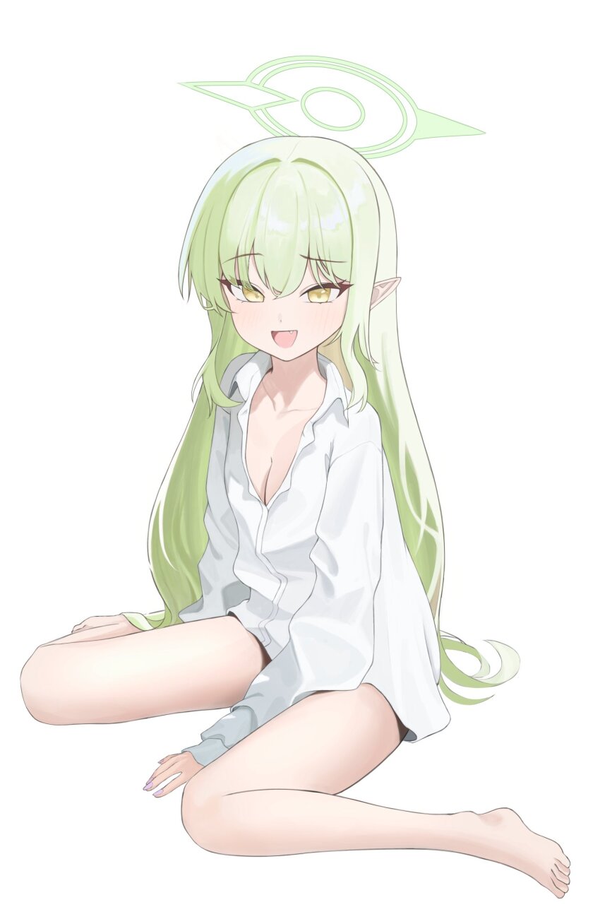 1girl alternate_hairstyle blue_archive breasts character_request cleavage collarbone collared_shirt copyright_request green_eyes green_hair highres long_hair naked_shirt pointy_ears seungju shirt simple_background solo white_background white_shirt