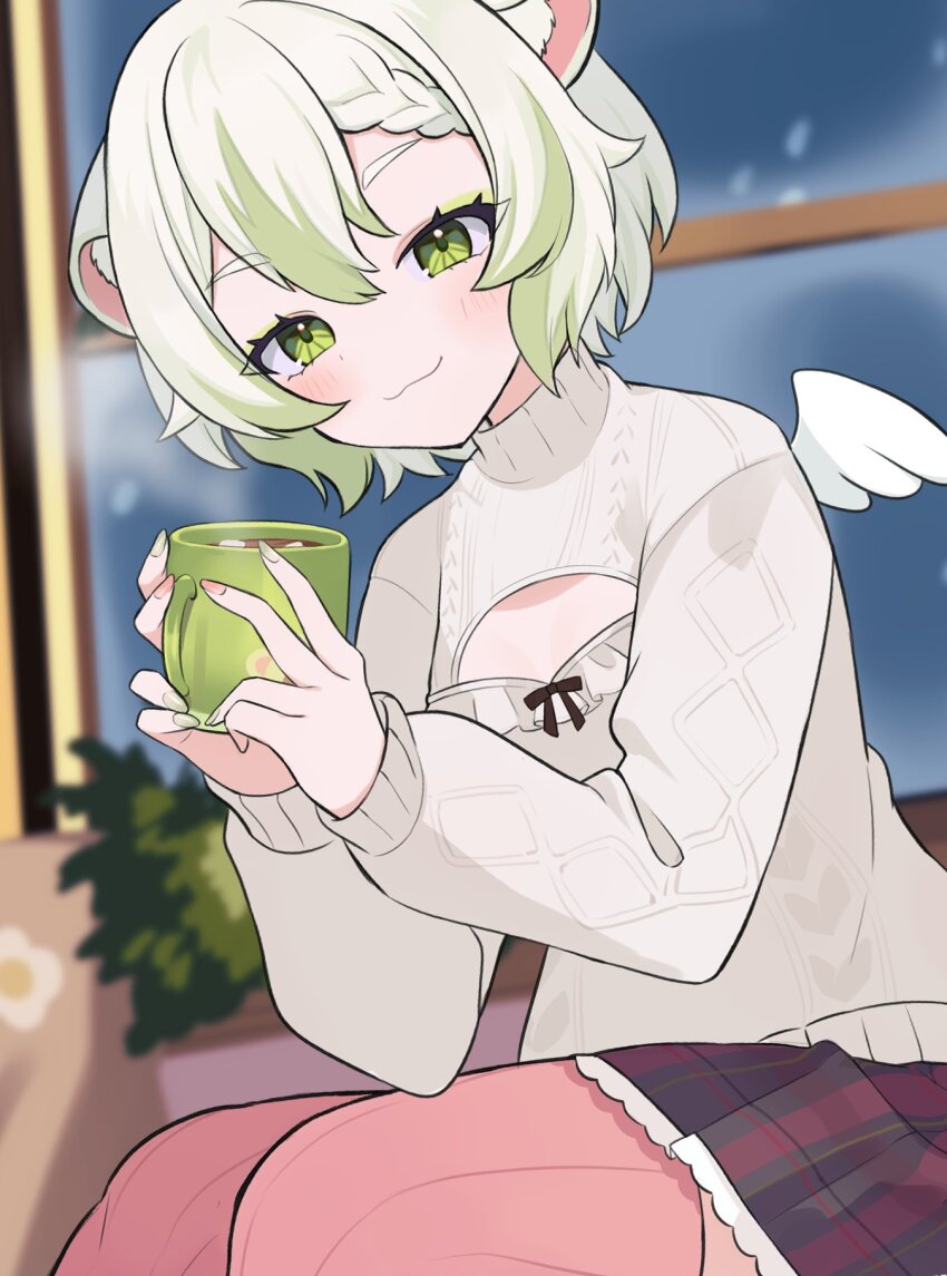 :3 animal_ears blush bob_cut breasts cleavage_cutout clothing_cutout condensation cup eyeshadow ferret ferret_ears ferret_girl gradient_hair green_eyes green_eyeshadow green_hair green_nails head_tilt highres holding holding_cup hot_chocolate indie_virtual_youtuber indoors laimu_(vtuber) laimu_(vtuber)_(winter) light_smile looking_at_viewer makeup mini_wings mug multicolored_hair pink_nails plaid_clothes plaid_skirt plant potted_plant romina short_hair sitting skirt small_breasts smile snowing squinting sweater thighhighs two-tone_hair vinesauce virtual_youtuber visible_air white_hair window window_fog wings winter zettai_ryouiki