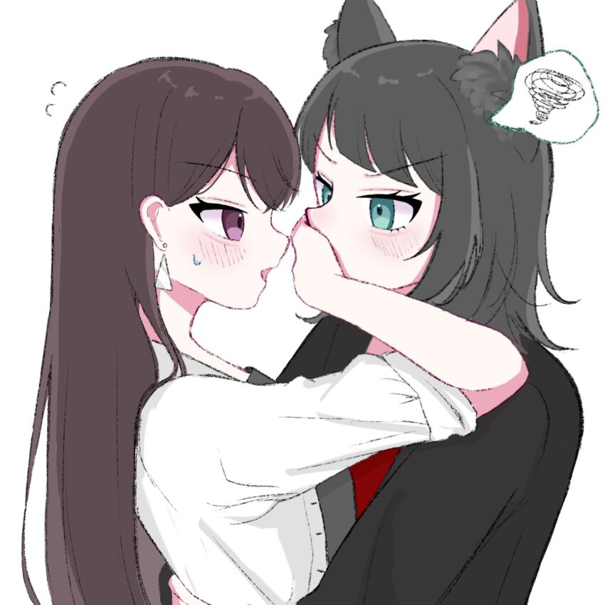 2girls animal_ear_fluff animal_ears arms_around_waist bang_dream! bang_dream!_it&#039;s_mygo!!!!! black_hair black_jacket black_shirt blue_eyes blush brown_hair commentary covering_another&#039;s_mouth earrings flying_sweatdrops hashtag-only_commentary highres jacket jewelry kill_o5 long_hair looking_at_another multiple_girls open_mouth purple_eyes red_skirt rejected_kiss shiina_taki shirt simple_background skirt sleeves_rolled_up spoken_squiggle squiggle sweatdrop white_background white_shirt wolf_ears yahata_umiri yuri