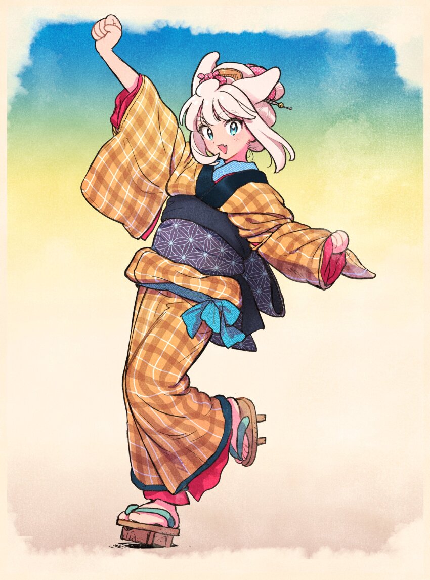 1girl animal_ears full_body highres japanese_clothes kimono obi okiraku_boy open_mouth original sandals sash short_hair smile solo standing yukata