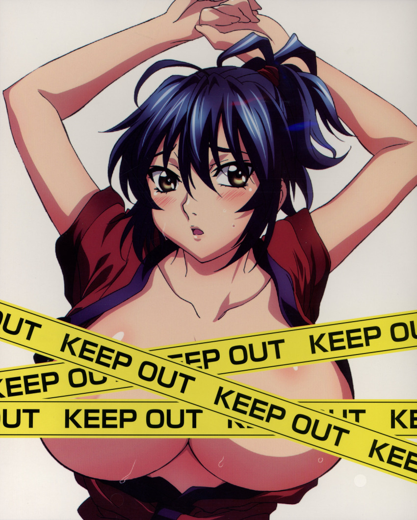 1girl absurdres blue_hair breasts breasts_out censored cleavage hair_tie highres japanese_clothes large_breasts looking_at_viewer manyuu_chifusa manyuu_hikenchou short_hair short_sleeves sweat tagme upper_body yellow_eyes