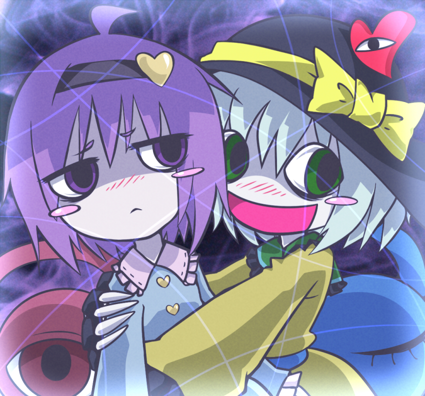 blush bow closed_eye frown green_eyes guuchama hat heart hug koishi_komeiji&#039;s_heart-throbbing_adventure komeiji_koishi komeiji_satori nazuyapoon1 open_mouth parody purple_eyes purple_hair smile style_parody third_eye touhou white_hair