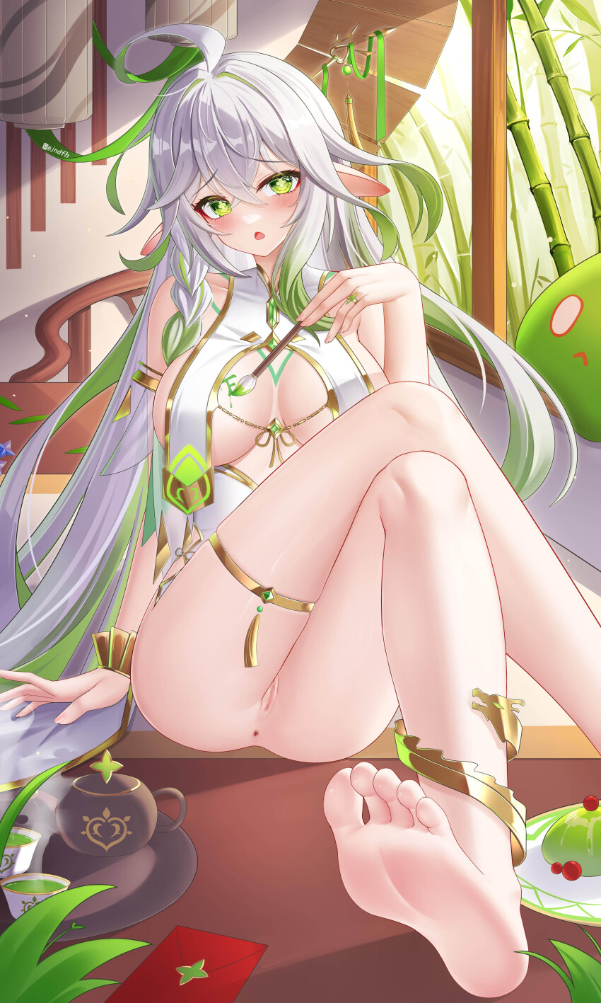 1girl :o absurdres ahoge anus arm_support artist_name bamboo bare_shoulders barefoot blush body_markings body_writing bracelet braid breast_curtain breasts calligraphy_brush censored colored_tips commentary_request covered_collarbone crossed_legs dress eyelashes feet foot_out_of_frame genshin_impact gold_bracelet gold_trim green_eyes green_hair hair_between_eyes highres holding holding_calligraphy_brush holding_paintbrush indoors jewelry jndfh large_breasts long_hair looking_at_viewer mosaic_censoring multicolored_hair on_table open_mouth paintbrush pointy_ears primogem pussy ring rukkhadevata_(genshin_impact) sidelocks sitting slime_(genshin_impact) soles solo star-shaped_pupils star_(symbol) symbol-shaped_pupils table tea teapot thigh_strap thighs white_dress white_hair