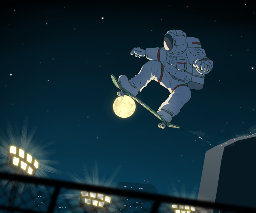 1other absurdres astronaut avogado6 blurry blurry_foreground building city fence full_moon helmet highres moon moonlight night original other_focus outdoors skateboard skateboarding sky solo space_helmet spacesuit stadium_lights star_(sky) star_(symbol) starry_sky