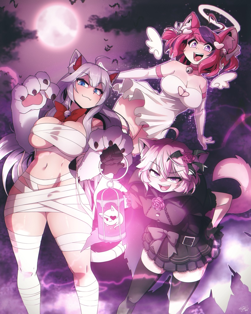 3girls :3 ahoge animal_ears animal_hands bandages barefoot bell black_legwear black_skirt blue_eyes blush breasts cat_ears cat_girl cat_tail cleavage cleavage_cutout closed_mouth clothing_cutout collarbone curvy dress fang halo heart heart_ahoge highres holding holding_lantern ironmouse lantern large_breasts long_hair looking_at_viewer multicolored_hair multiple_girls navel neck_bell nyatasha_nyanners nyatasha_nyanners_(5th_costume) open_mouth pink_eyes pink_hair pleated_skirt purple_eyes purple_hair ryou_sakai short_hair short_twintails silver_hair skin_fang skirt smile smug tail teeth thick_thighs thighhighs thighs twintails upper_teeth_only vei_(vtuber) virtual_youtuber vshojo white_dress wide_hips