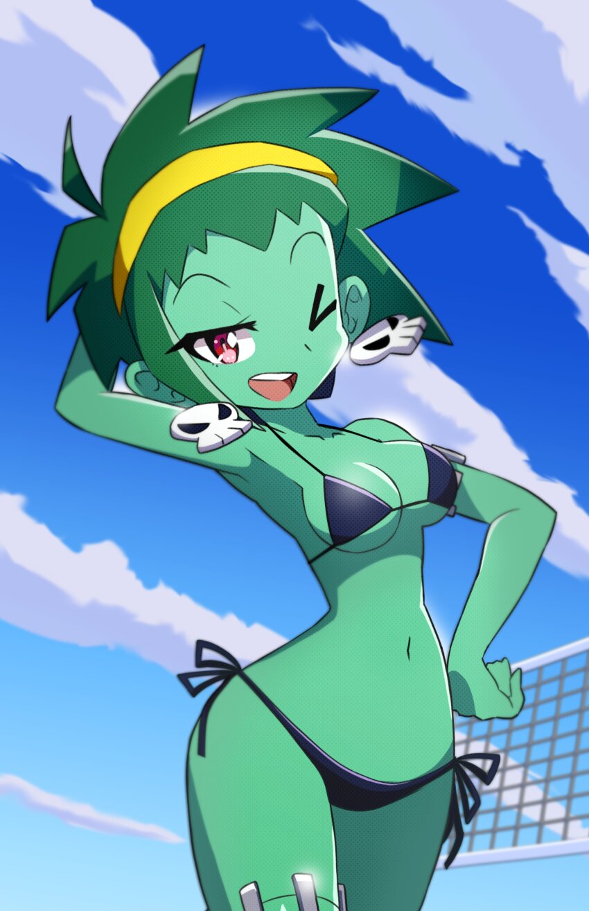 1girl ;d absurdres arm_behind_head armpits bikini bikini_bottom_only black_bikini blue_sky breasts cleavage cloud colored_skin commentary day earrings english_commentary green_hair green_skin hairband hand_on_own_hip highres jewelry looking_at_viewer medium_breasts navel official_art one_eye_closed open_mouth outdoors red_eyes rottytops sakurajyousui_nami shantae_(series) short_hair side-tie_bikini_bottom skull skull_earrings sky smile solo standing stitched_leg stitches stomach swimsuit symbol-shaped_pupils teeth udon_entertainment upper_teeth_only volleyball_net yellow_hairband zombie