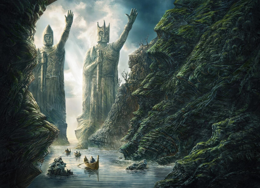 4boys cliff day grey_sky landscape mountain multiple_boys outdoors rafael_falconi river rowboat salute sky statue straight-arm_salute the_lord_of_the_rings tolkien&#039;s_legendarium valley water