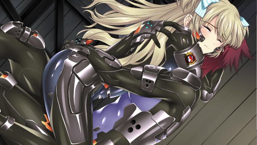 1boy 1girl aqua_bow blonde_hair blush bodysuit bow closed_eyes comforting cowgirl_position crying dutch_angle emblem hair_bow highres hug liz_hohenstein long_hair muv-luv muv-luv_alternative official_art pilot_suit red_hair schwarzesmarken shiny_clothes skin_tight straddling tears theodor_edelbach two-tone_bow white_bow