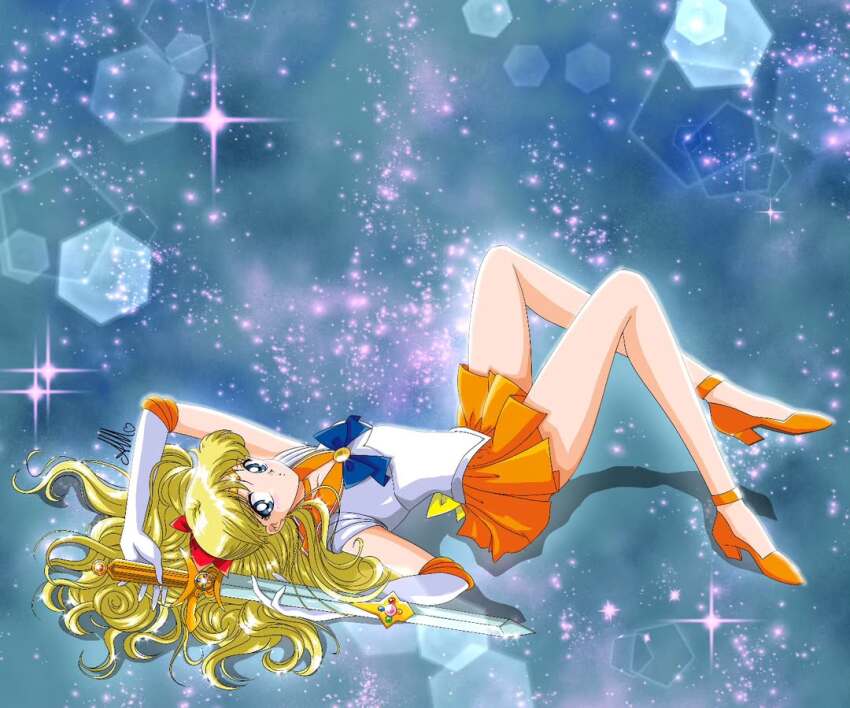 1girl aino_minako anello81 bishoujo_senshi_sailor_moon blue_eyes bow gloves high_heels long_hair looking_at_viewer lying magical_girl miniskirt on_back red_bow sailor_venus skirt star_(sky) starry_sky_background sword weapon