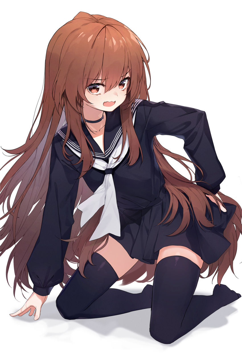 1girl aisaka_taiga arm_support bad_id bad_pixiv_id black_serafuku black_skirt black_thighhighs blush brown_eyes brown_hair choker collarbone commentary fang full_body highres kneeling leaning_to_the_side lo-ta long_hair long_sleeves looking_at_viewer neckerchief oohashi_high_school_uniform open_mouth pleated_skirt sailor_collar school_uniform serafuku shadow sidelocks skirt solo thighhighs toradora! white_background white_neckerchief zettai_ryouiki