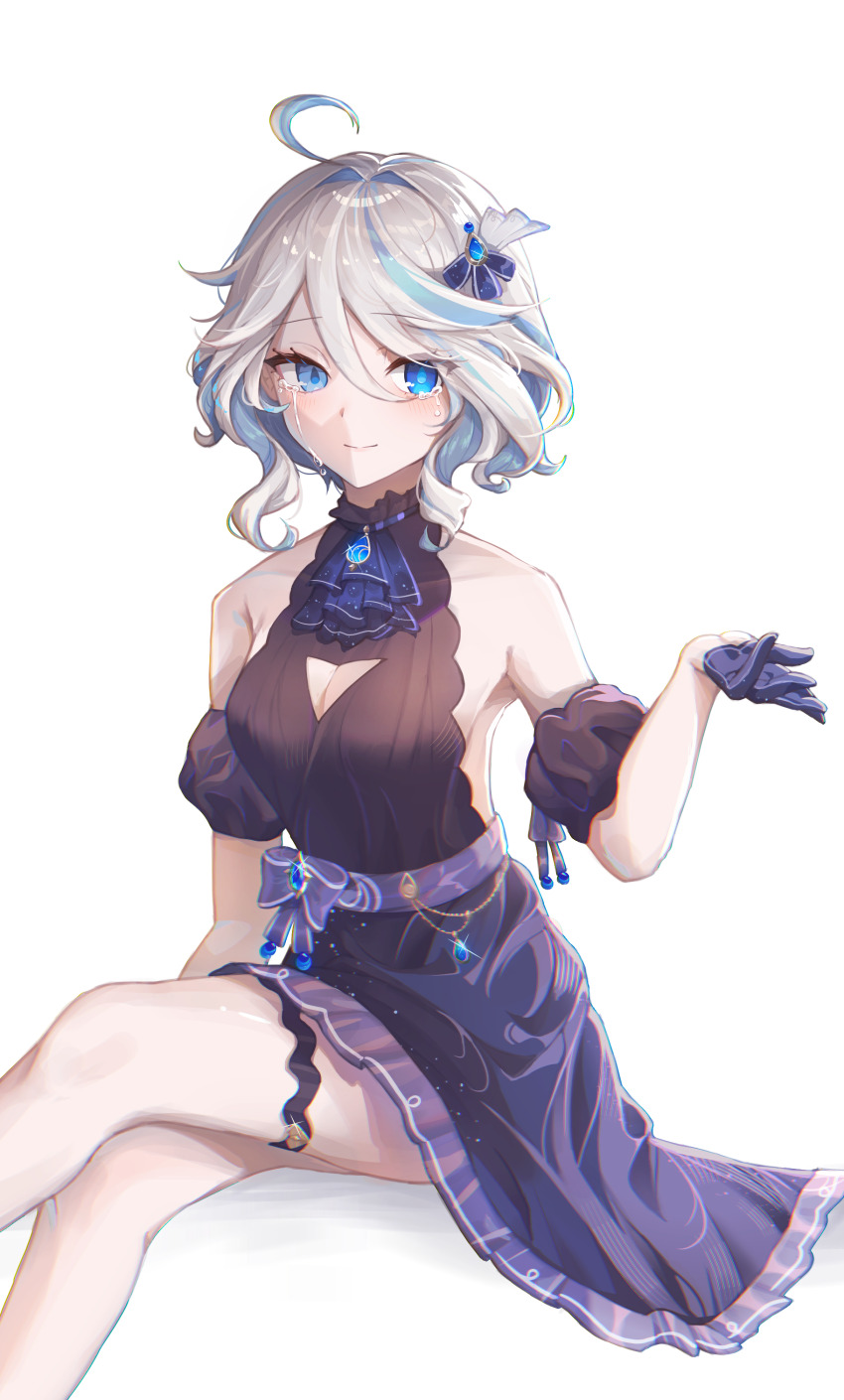 1girl absurdres ahoge ascot backless_dress backless_outfit bare_shoulders blue_ascot blue_brooch blue_eyes blue_gemstone blue_hair breasts cleavage cleavage_cutout closed_mouth clothing_cutout cowlick crossed_legs dress drop-shaped_pupils furina_(genshin_impact) gem genshin_impact gloves grey_hair hair_between_eyes half_gloves halter_dress halterneck heterochromia highres hydro_symbol_(genshin_impact) invisible_chair light_blue_hair looking_at_viewer medium_breasts medium_hair medium_skirt mismatched_pupils multicolored_hair sideboob sitting skirt sleeveless sleeveless_dress smile solo streaked_hair symbol-shaped_pupils tears thigh_strap ven_juice wavy_hair