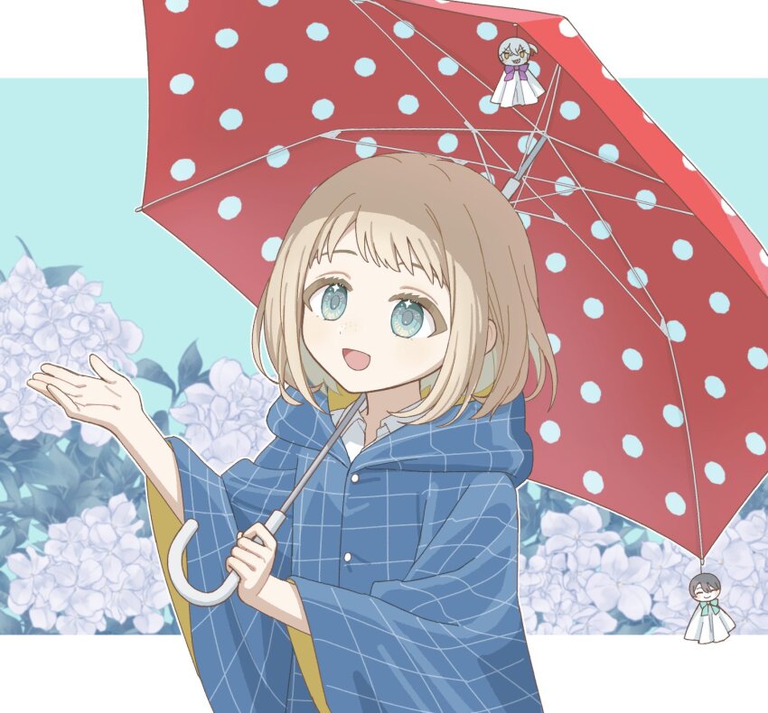 1boy :d aqua_background aqua_eyes blonde_hair blue_coat bob_cut coat ezra_theodore flower hand_up hands_up highres holding holding_umbrella hood hood_down hooded_coat looking_up male_focus medicine_pocket open_hand open_mouth panri polka_dot polka_dot_umbrella purple_flower reverse:1999 smile solo sparkling_eyes teruterubouzu umbrella umbrella_over_shoulder upper_body wide_sleeves x_(reverse:1999)